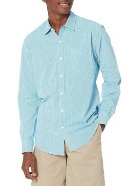 Men's Aqua Blue Gingham 100% Cotton Imported Long-Sleeve Casual Poplin Shirt